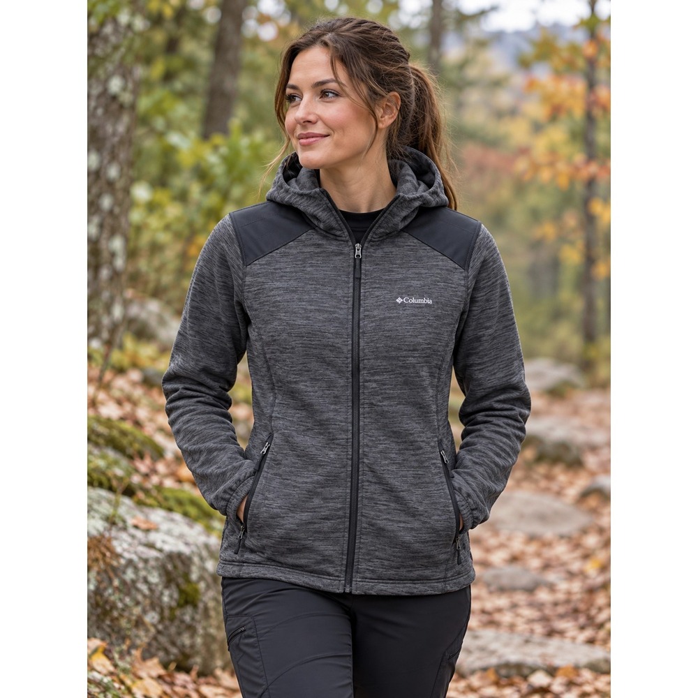 Columbia Benton Springs Fast Trek fleece jacket Hood Gray Black Full Zip Large
